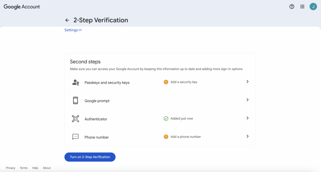 2-Step Verification settings on Google Account
