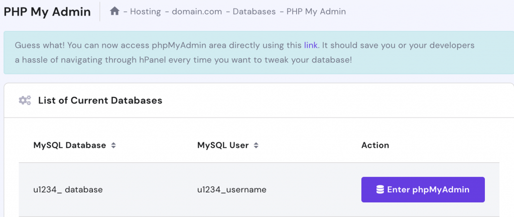 phpMyAdmin direct link on hPanel