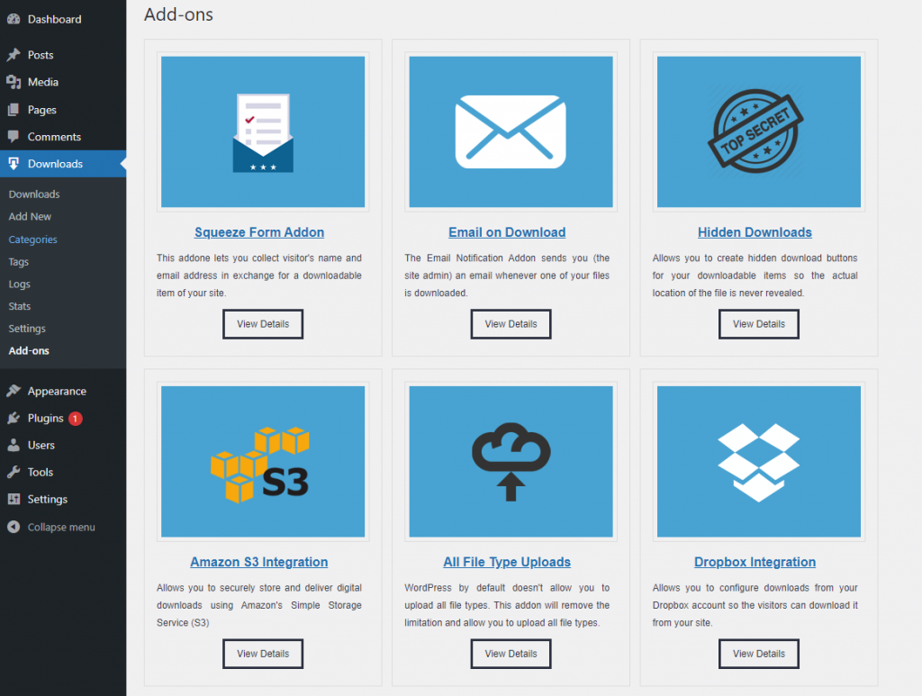 Add-ons options for Simple Download Monitor on the dashboard