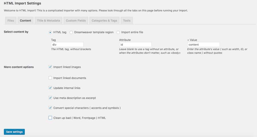 Content import setting