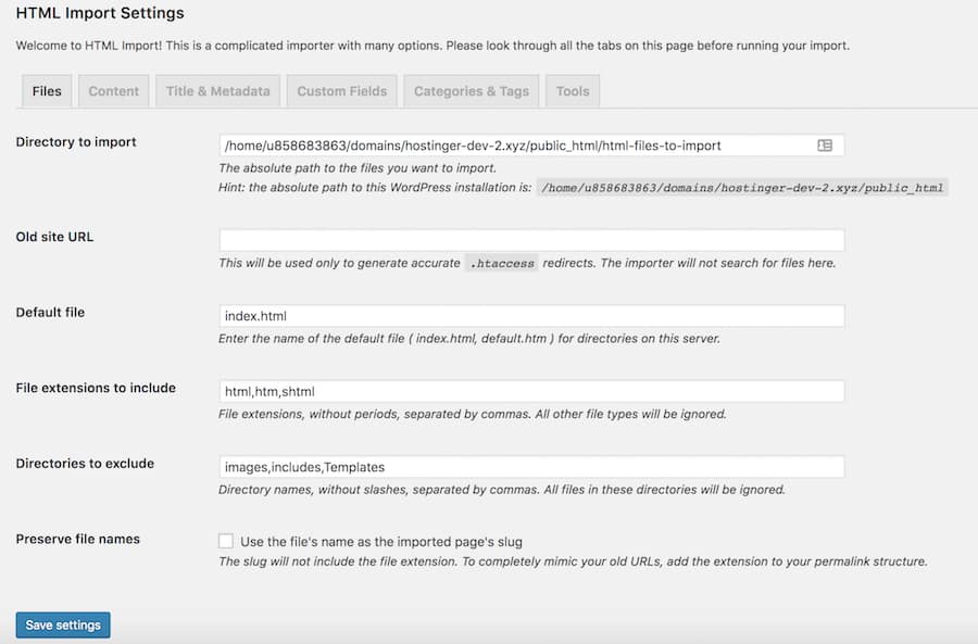 HTML import settings