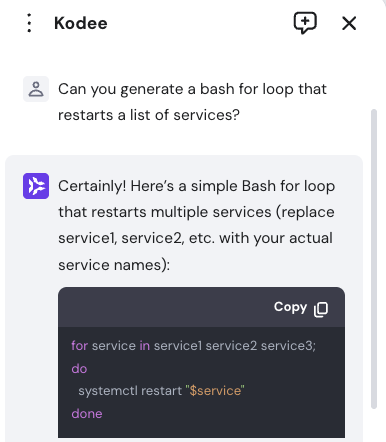 Kodee generates a bash for loop script based on a user request