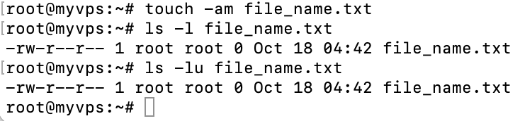 The terminal window shows the touch command to change modification and access time for a given file. While ls -l and ls -l displays the modification date along with the last access time