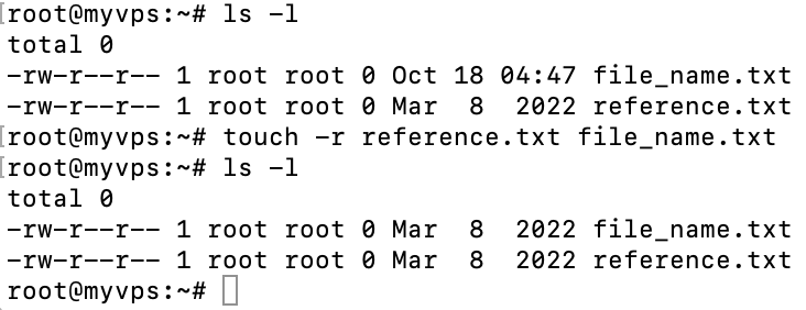 The terminal window shows the touch command to modify the timestamp format using a referenced file. While ls -l command displays the modification timestamps for the existing files