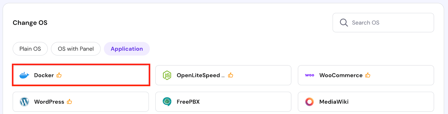 The Docker VPS template on hPanel's operating system configuration page