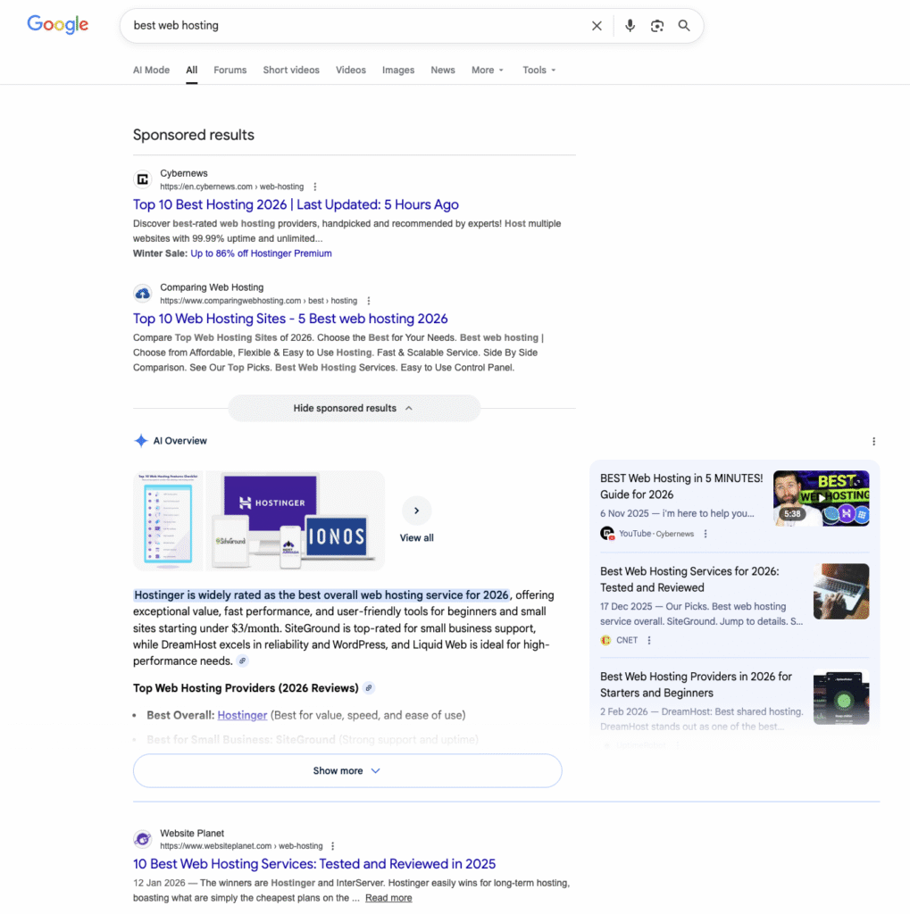 Google's search engine results page (SERP) with paid and organic listings