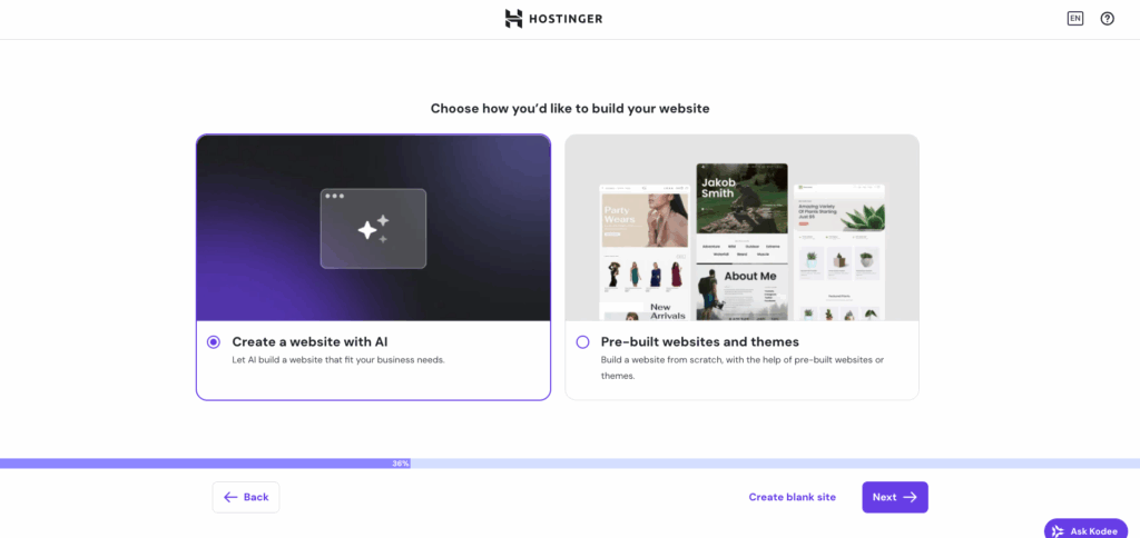 Hostinger WordPress onboarding flow, giving users the option to build a website with AI or pre-built templates