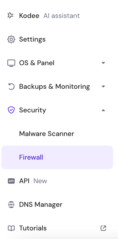The Firewall button on hPanel VPS dashboard