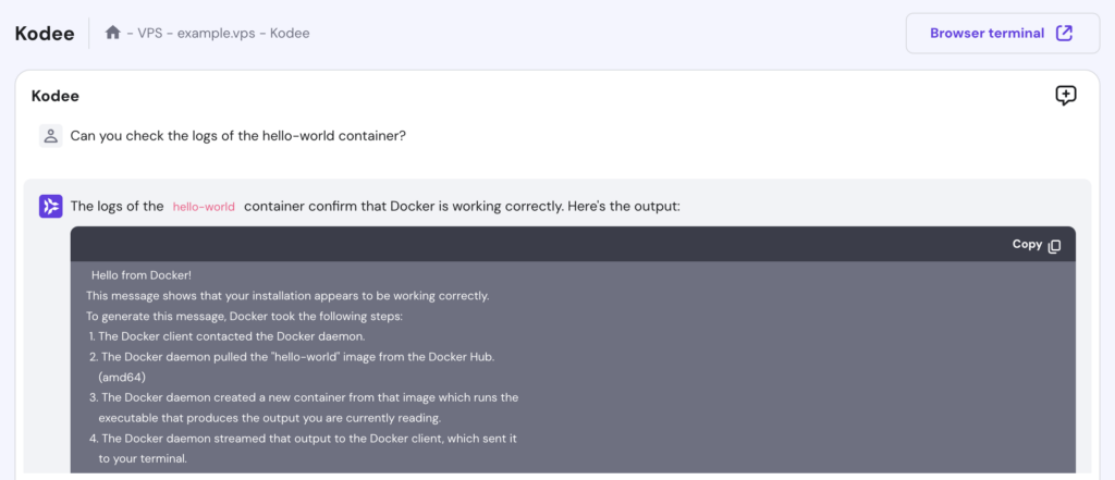Kodee responds to a question about Docker logs of a container