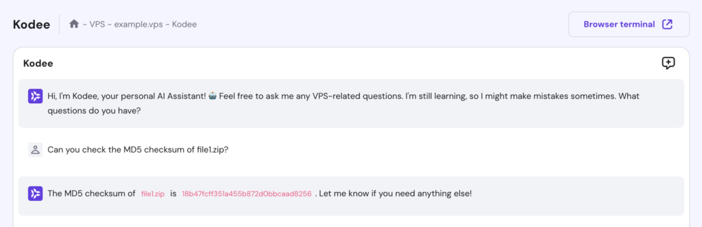 Kodee responds to a question about checking a ZIP file's MD5 checksum