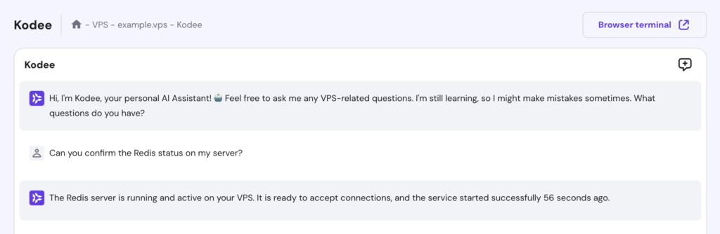 Kodee responds to a question about the Redis status