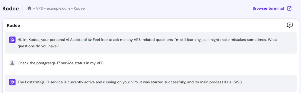 Kodee checks the postgresql-17 service status 