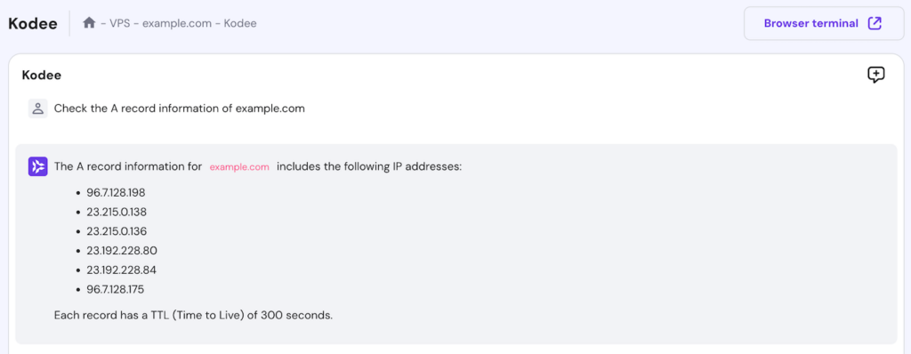 Kodee queries A record information of a domain name