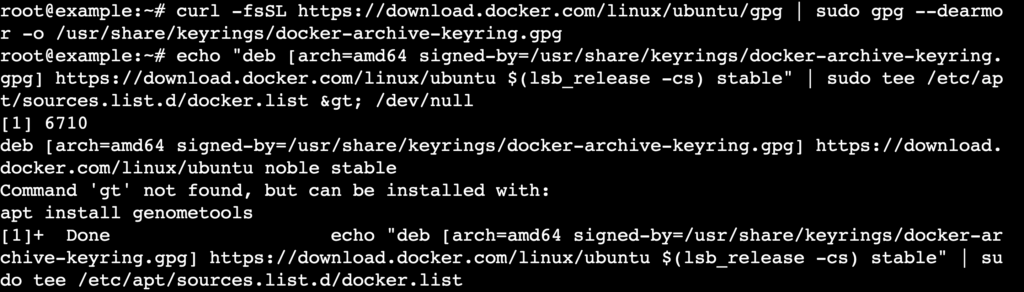 A terminal output shows the process of downloading Docker's GPG key using curl
