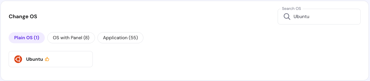 The Ubuntu VPS template on hPanel's operating system configuration page