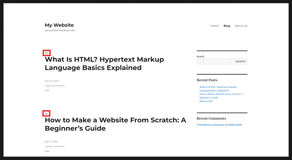 A website's homepage, highlighting two Post IDs.