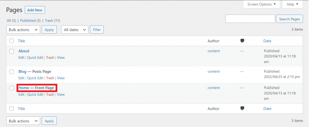 WordPress Page screen, highlighting a page entitled "Home".