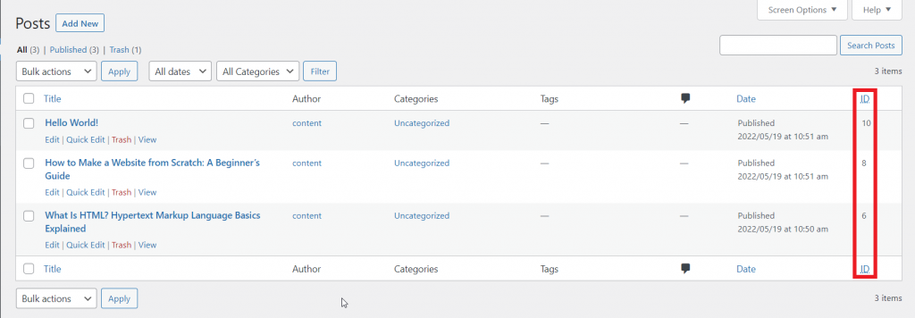 WordPress Posts screen, highlighting a post ID column.