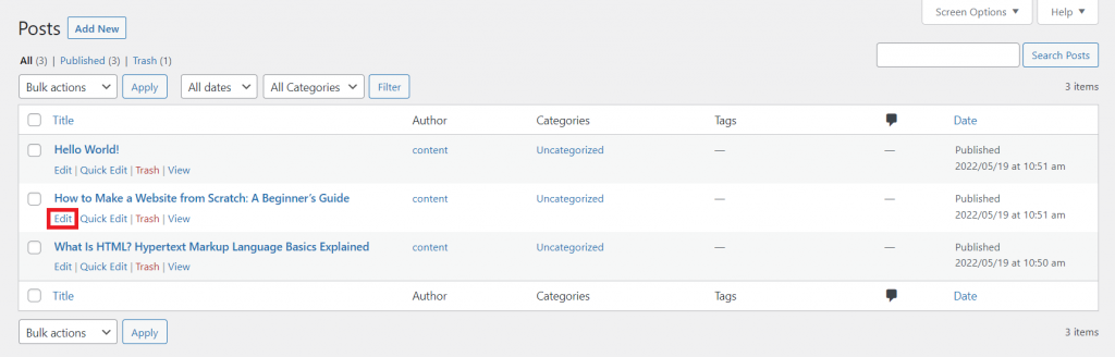 WordPress Posts screen, highlighting the Edit button.