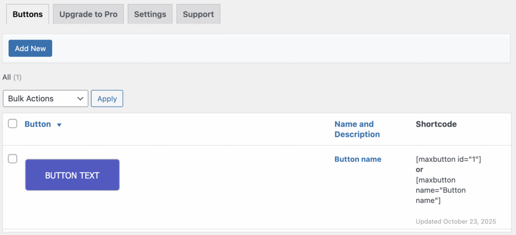 The existing buttons list on MaxButtons's Buttons menu