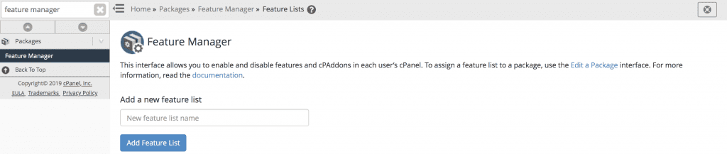feature manager tool in whm