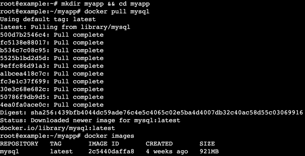 A terminal output after running the docker pull and images commands