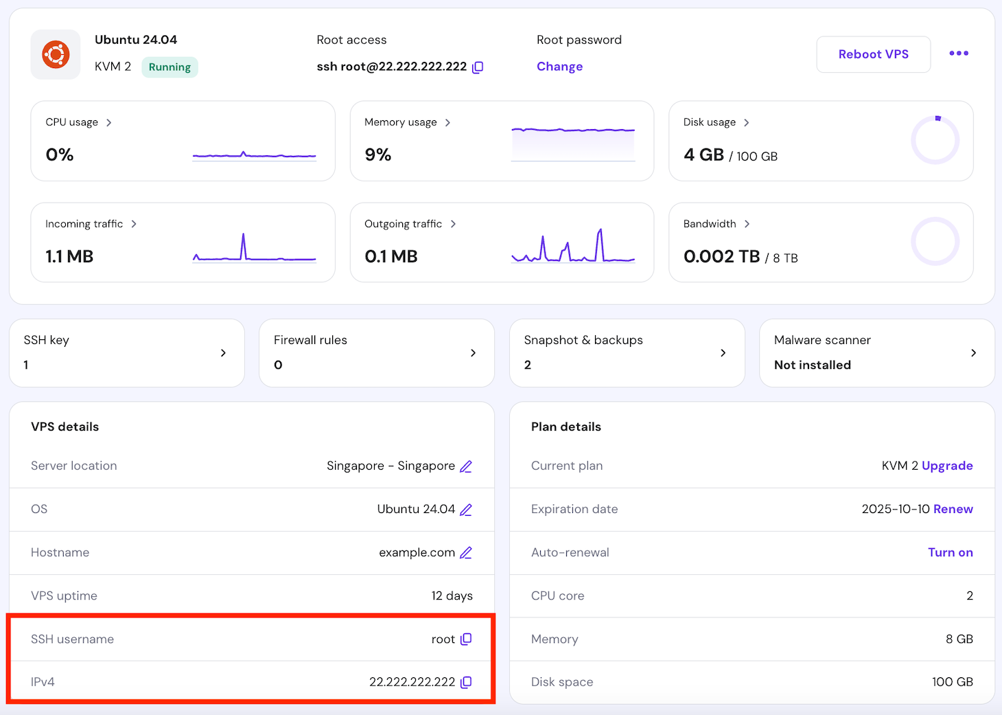 SSH access credentials on hPanel's VPS overview page