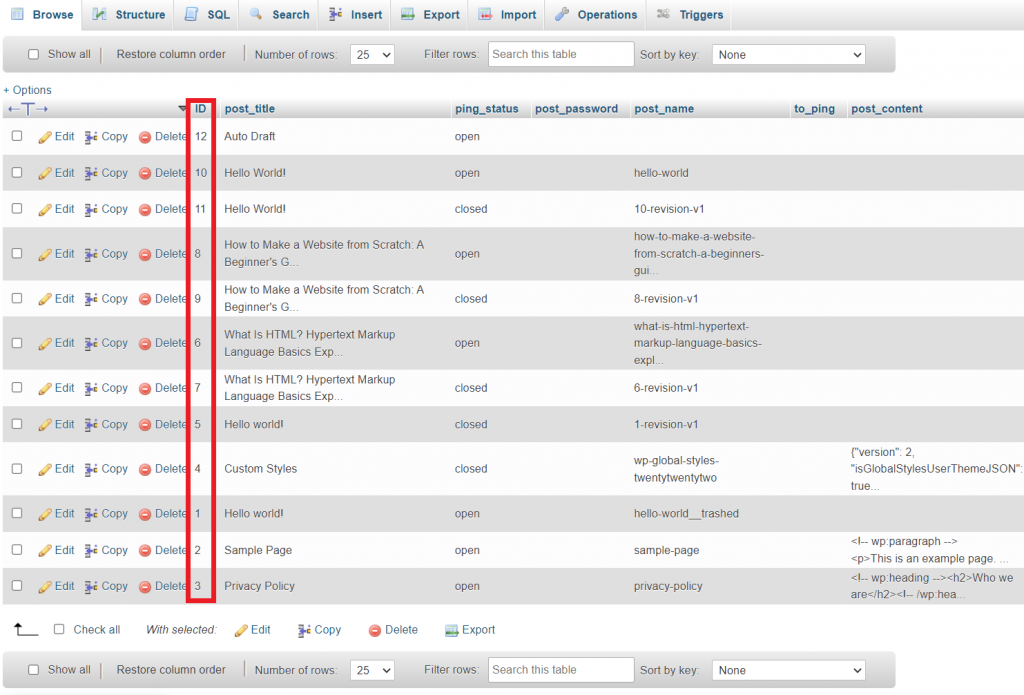 wp_post table inside phpMyAdmin, highlighting a post ID column.