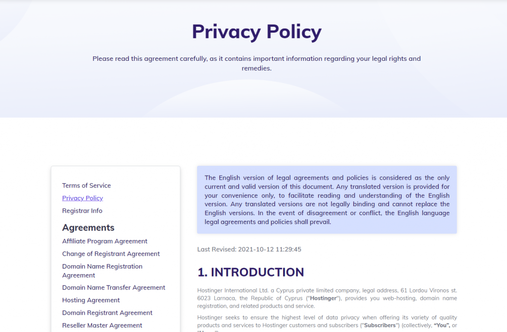 Hostinger's privacy policy page