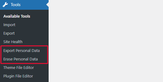 WordPress export and erase personal data settings under Tools in the WordPress dashboard