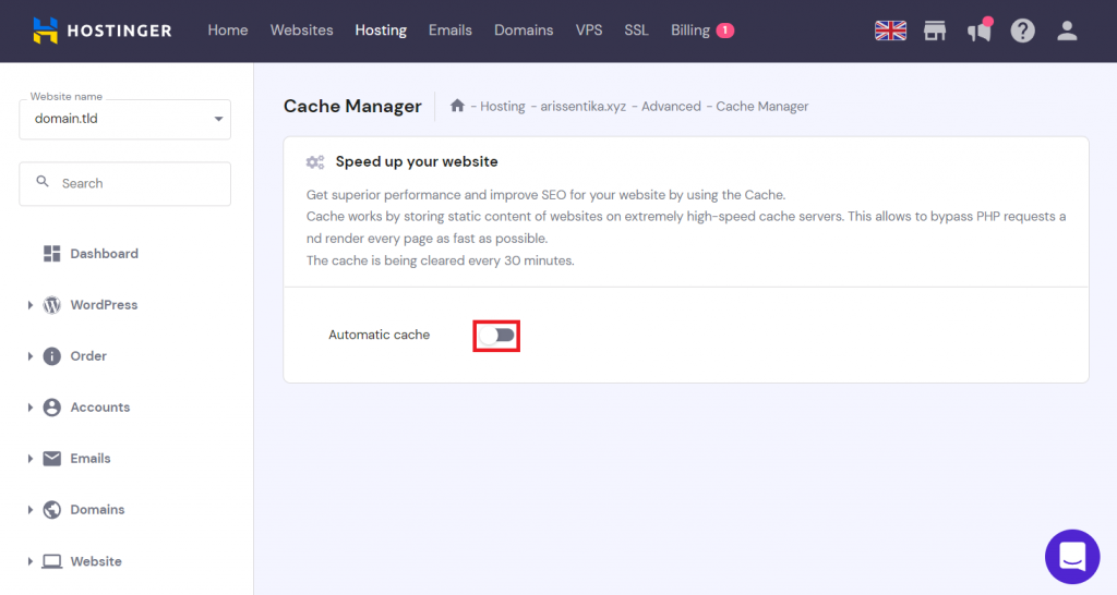 Enabling the Automatic cache option on hPanel