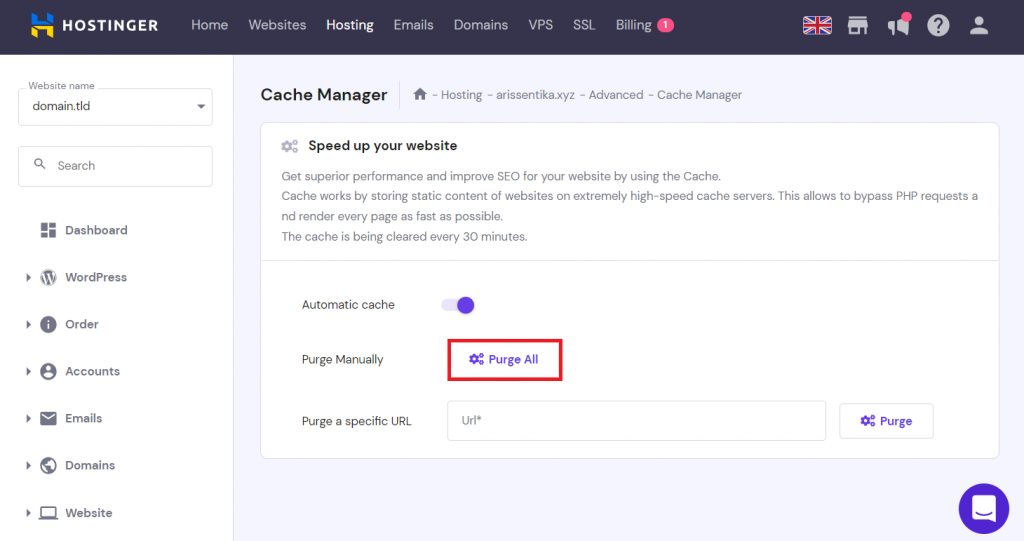 Purging all cache using hPanel's Cache Manager