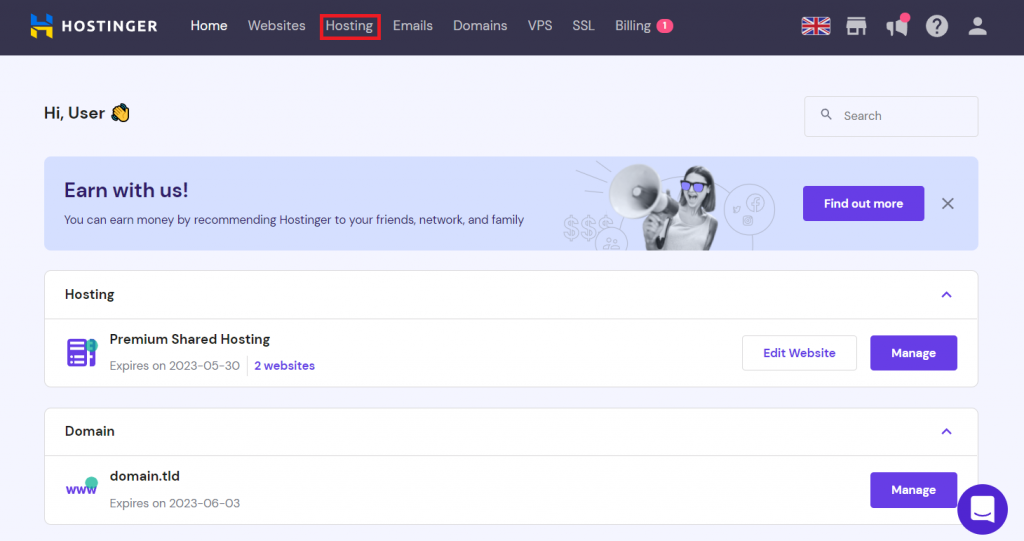 Accessing the Hosting section on hPanel