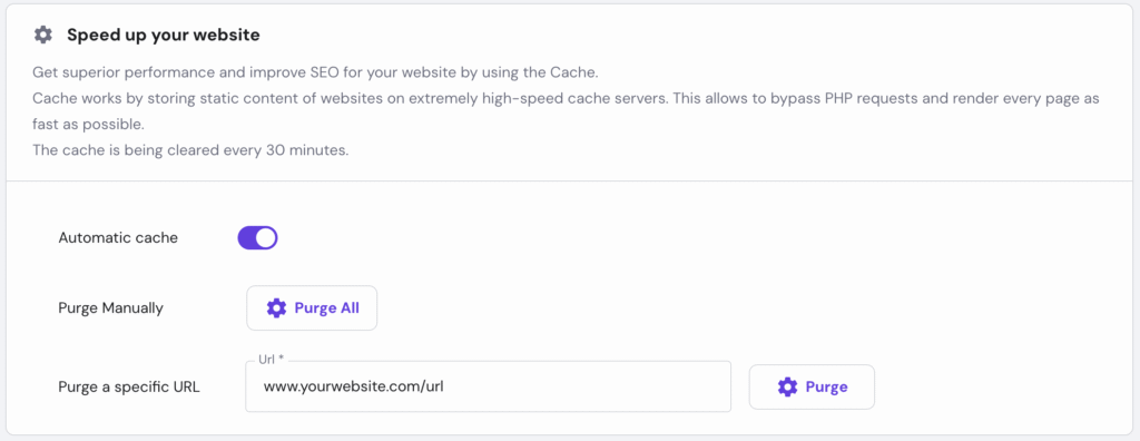 hPanel's menu for purging cache of a specific URL