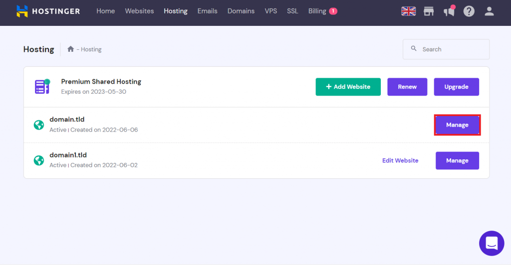 Clicking the Manage button next to a domain name on hPanel