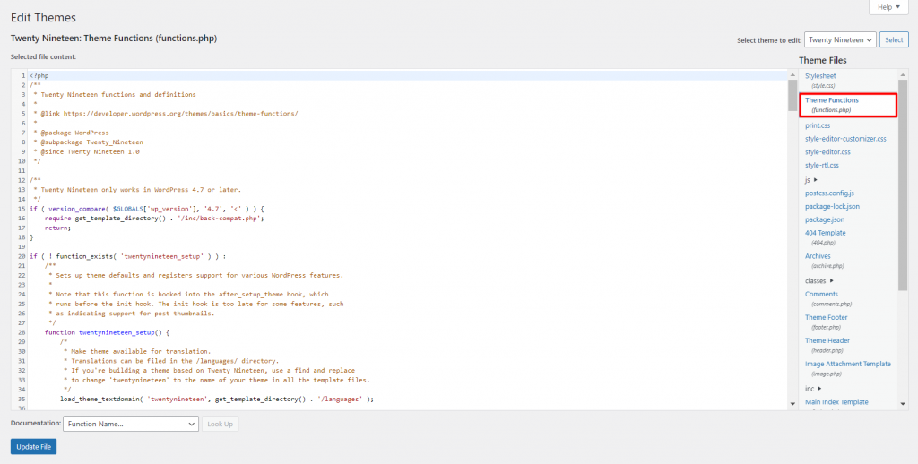 The functions.php file shown on the WordPress dashboard