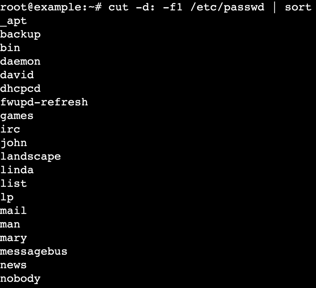 Terminal showing cut -d: -f1 /etc/passwd | sort sorted user list