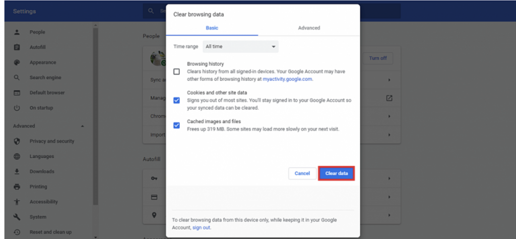Ticking the Cookies and other site data, Cached images and files options. Then setting the time range to All time, then click Clear data.