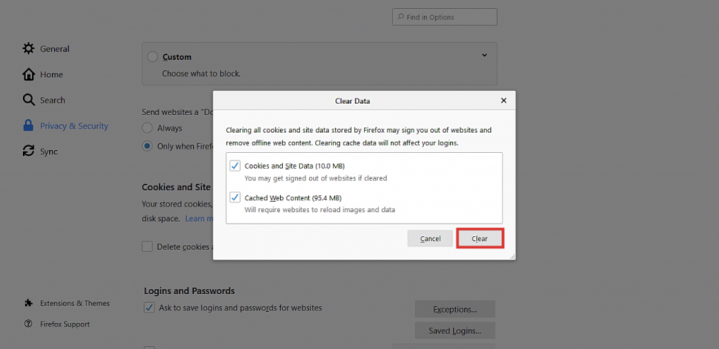 Cookies and Site Data and Cached Web Content options