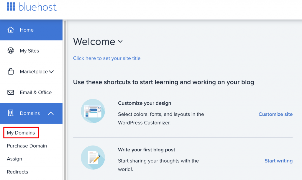The Domains section on the Bluehost website. My Domains button is highlighted