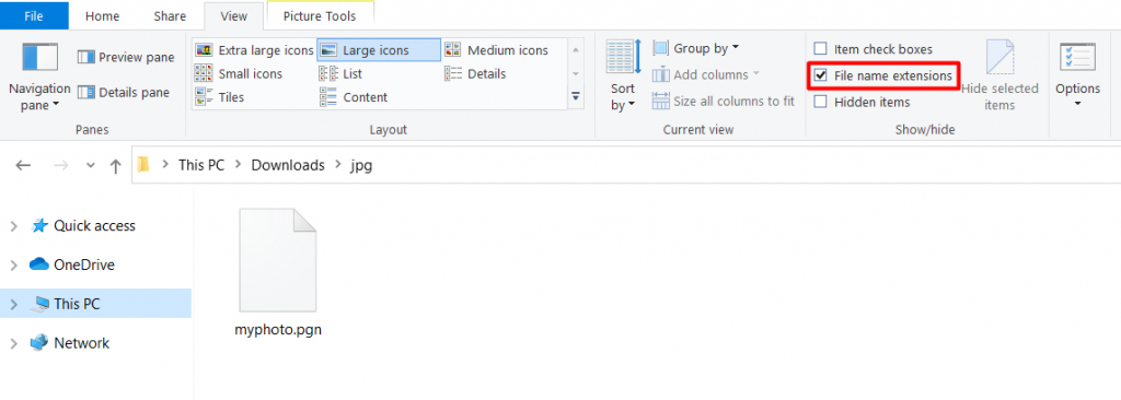 The File Explorer interface on Windows with "File name extensions" highlighted in red