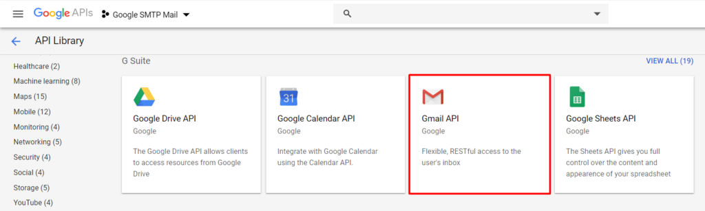 GMail API di dasbor Google API