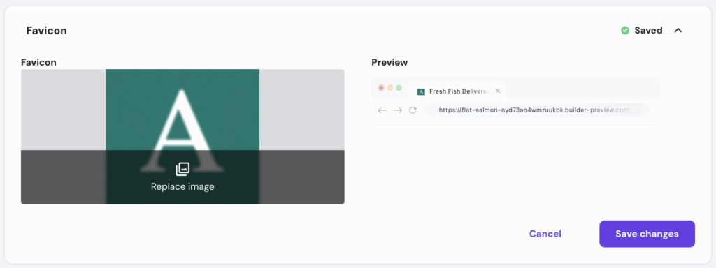 Hostinger Website Builder's favicon configuration menu