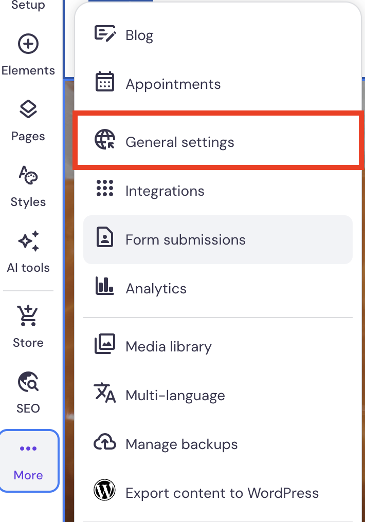 Hostinger website builder's Website General Settings