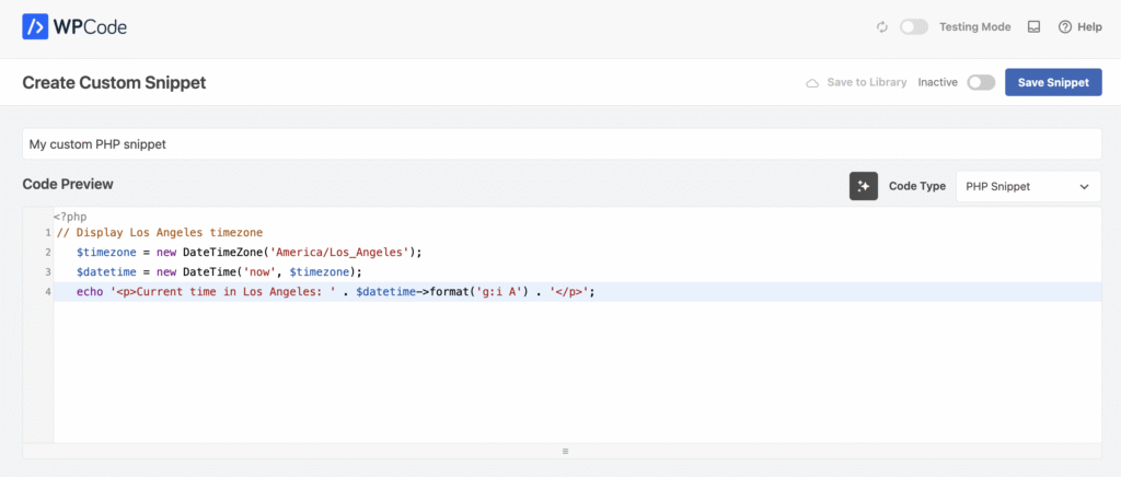 WPCode editor showing custom PHP snippet fields and configuration options