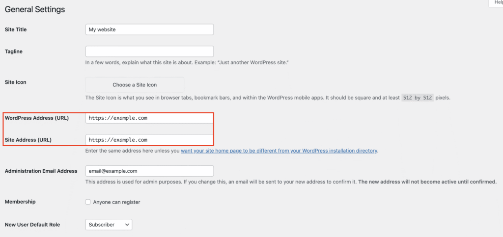 The WordPress Address (URL) and Site Address (URL) fields in thw WordPress dashboard