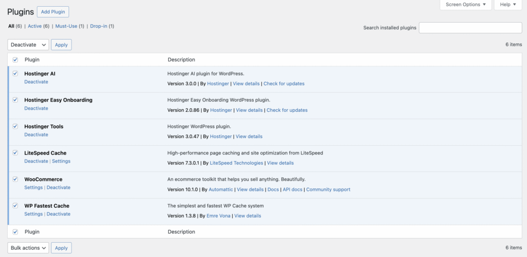 The Deactivate option in the Plugins menu of the WordPress dashboard