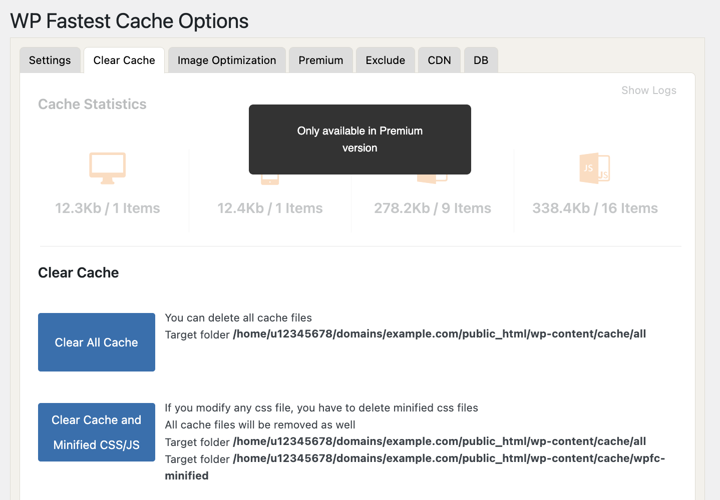 The Clear Cache tab in WP Fastest Cache