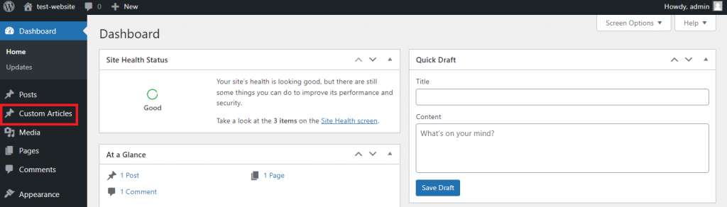 A custom post type in the WordPress sidebar