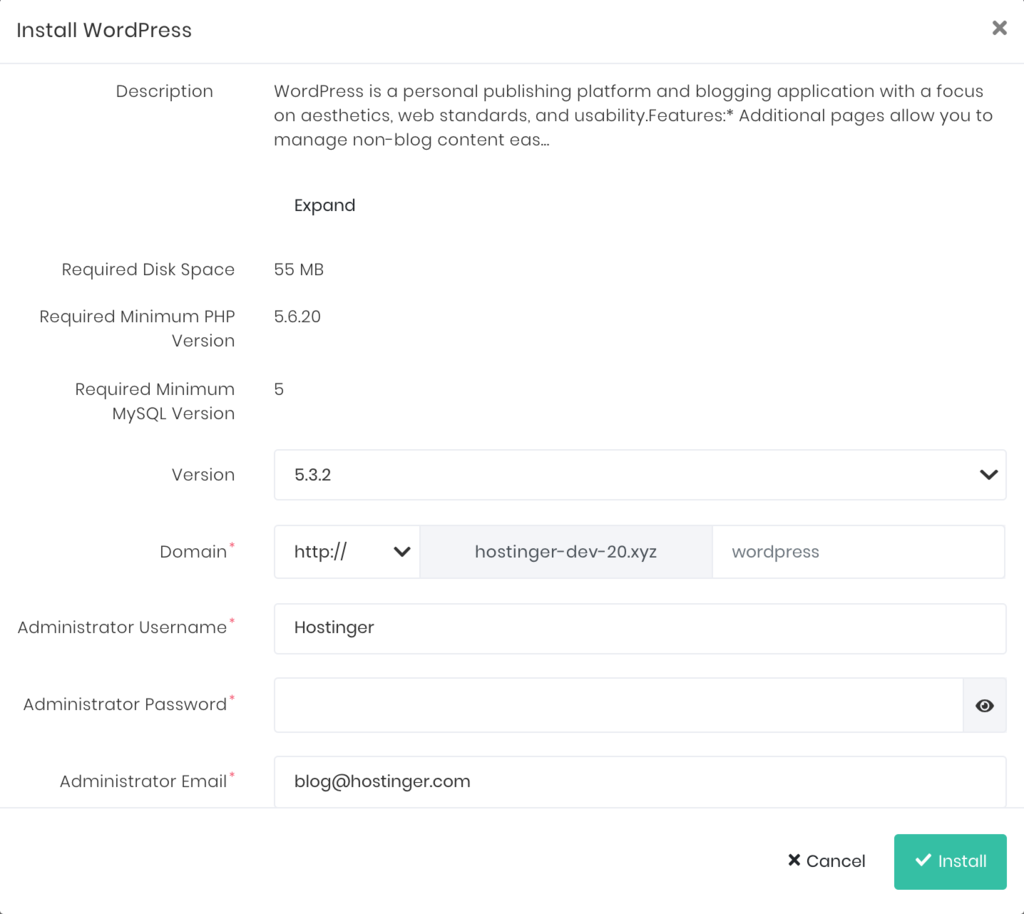 WordPress installation screen
